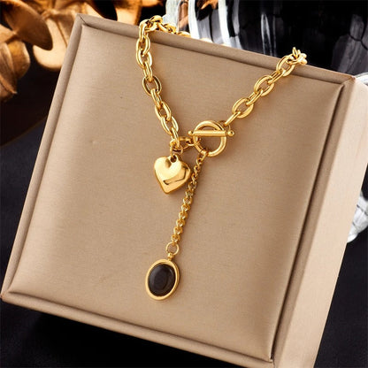 GOLDEN HEART & OVAL CHARM NECKLACE